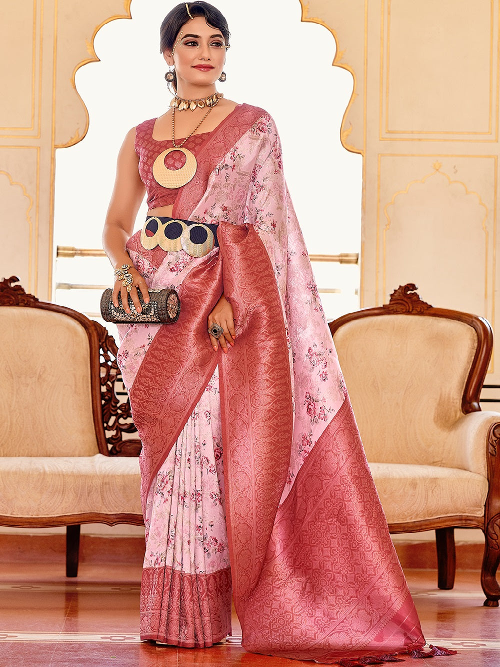 Pink Color Digital Printed Softy Silk Saree