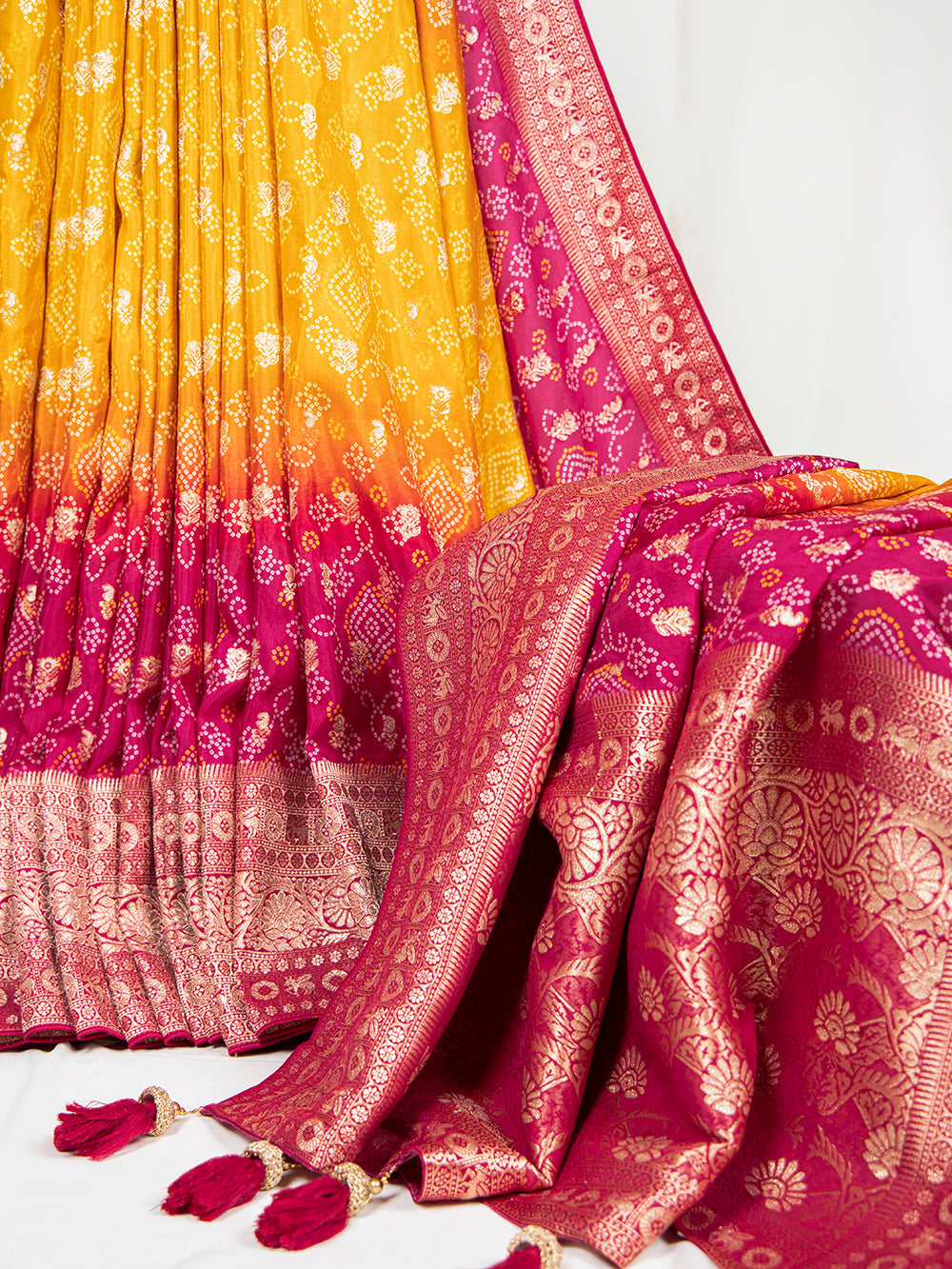 Pink Color Bandhej Printed And Weaving Work Viscose Rajasthani Style Saree