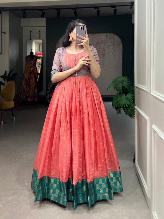 Pink Color Zari Weaving Work Zari Chex Festival Dress