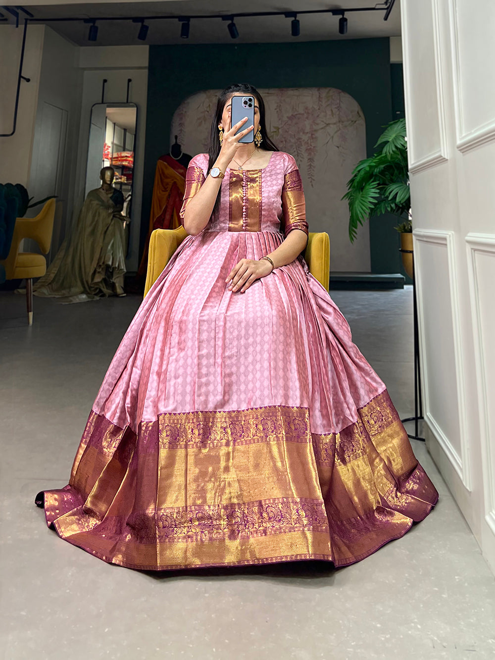 Pink Color Self Design Aura Fabric Zari Weaving Work Dress