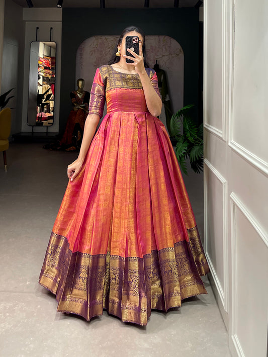 Pink Color Zari Weaving Work Kanjivaram Dress