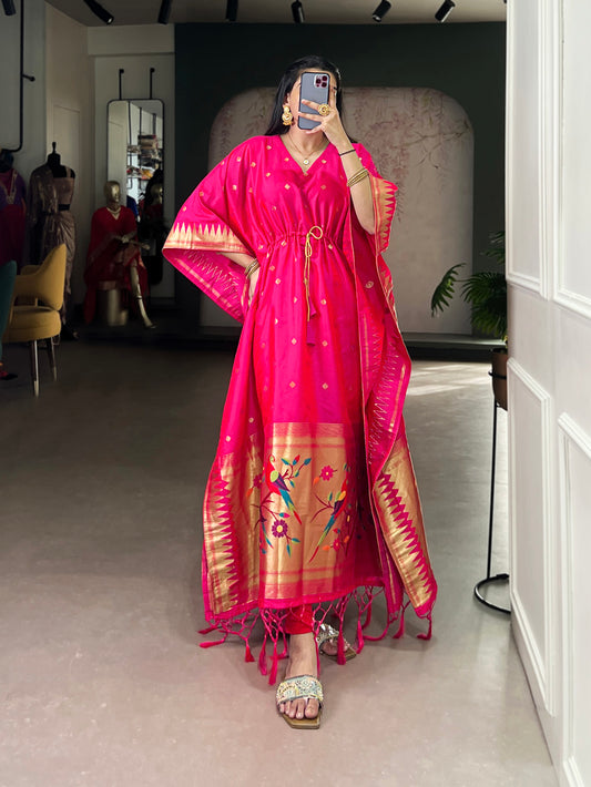 Pink Color Zari Weaving Work Jacquard Kaftan