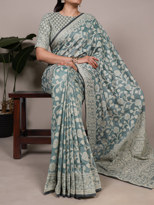 Pista Color Printed Cotton Silk Saree
