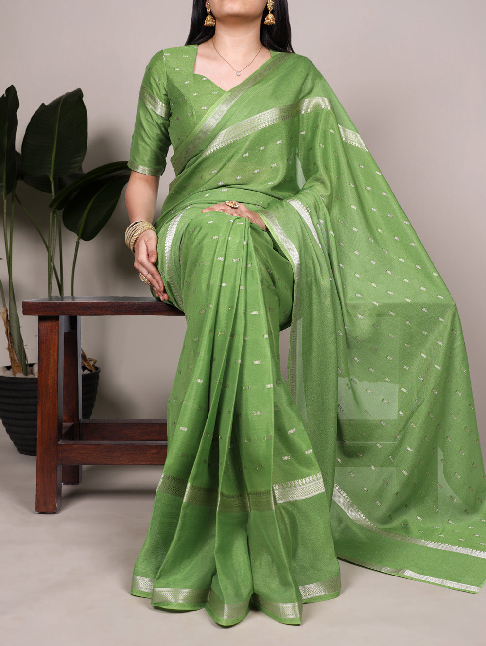 Pista Color Weaving Work Crepe Saree