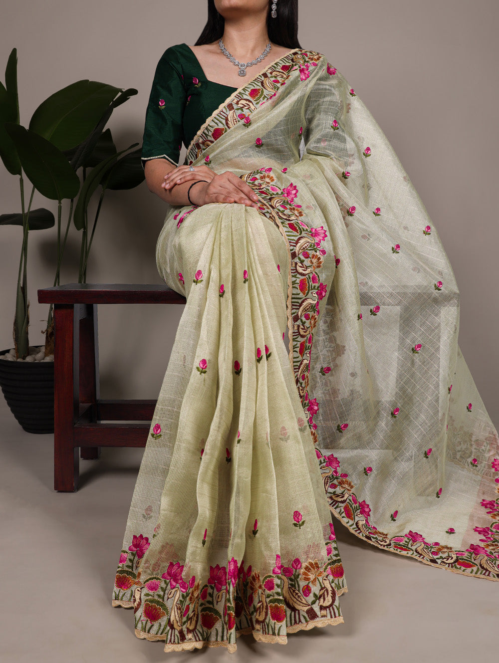 Pista Color Thread Embroidery Work Zari Kota Tissue Saree
