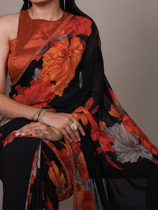 Rust Orange Color Floral Print With Lace Border Weightless Marbel Saree