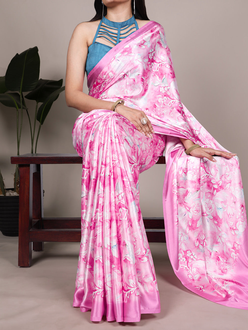 Light Pink Color Printed Satin Silk Saree