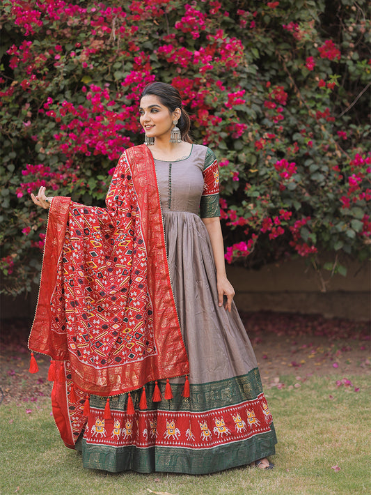 Grey Color Patola with Foil Print Dola Silk Dress