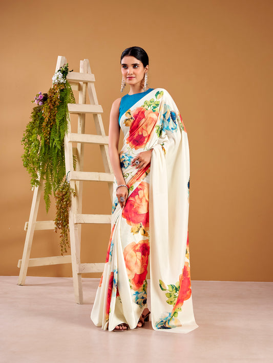 White Color Floral Printed Satin Silk Saree