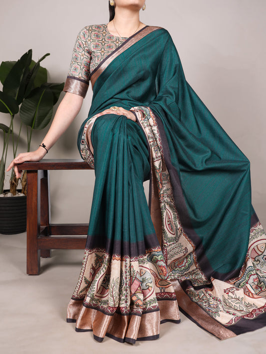 Teal Color Printed Tussar Silk With Viscose Border Saree