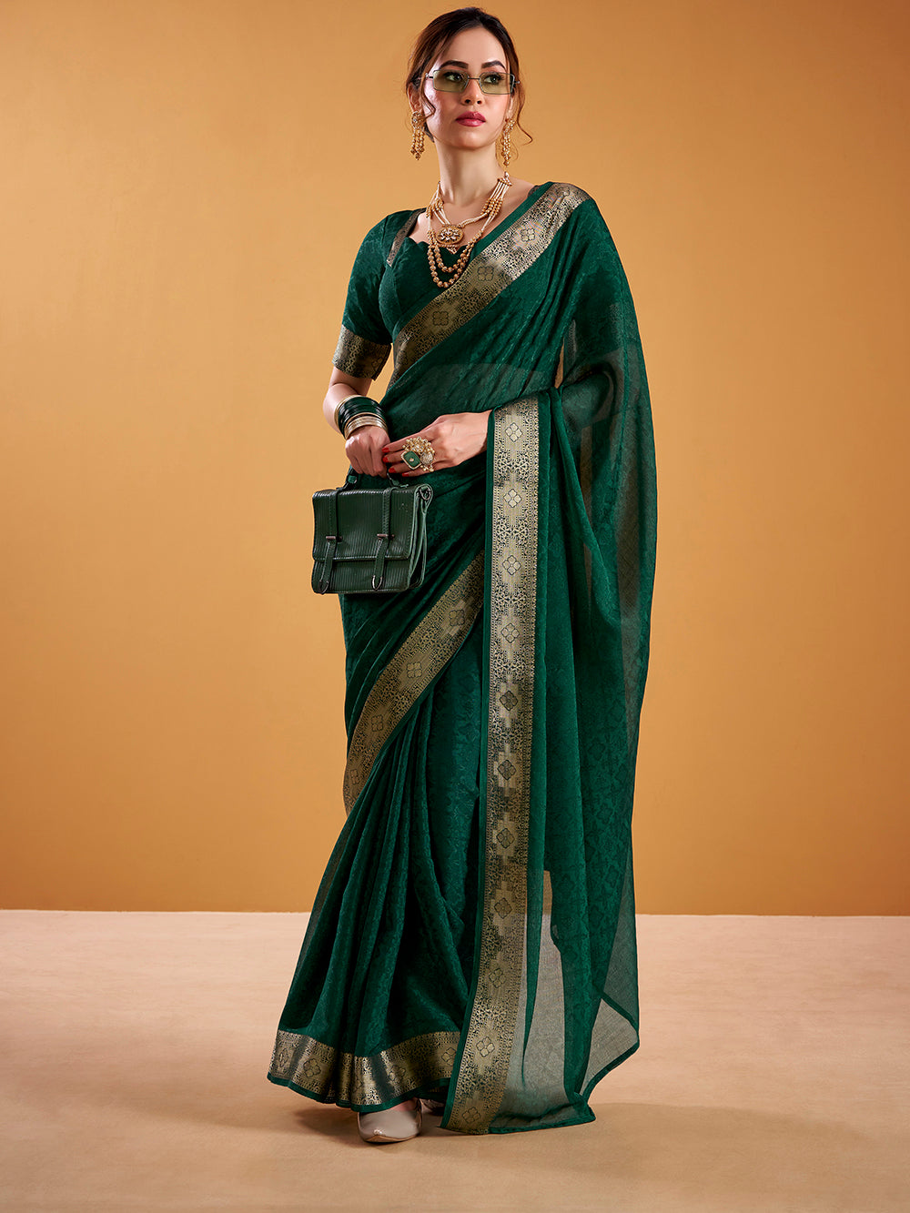 Green Color Zari Weaving Work Poly Shimmer Saree