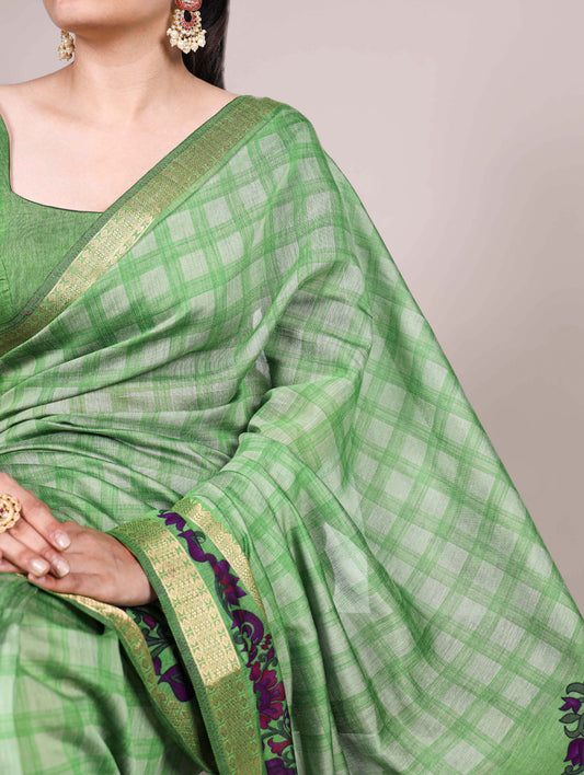 Parrot Color Printed With Zari Weaving Work Polyester Viscose Chanderi Saree