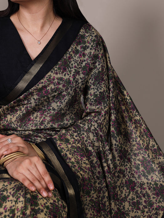 Black Color Printed With Zari Weaving Work Polyester Viscose Chanderi Saree