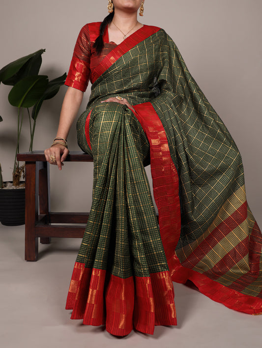 Green Color Chex With Zari Weaving Work Poly Cotton Saree