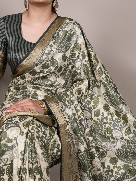 Mehendi Color Printed With Viscose Border Tasar Silk Saree