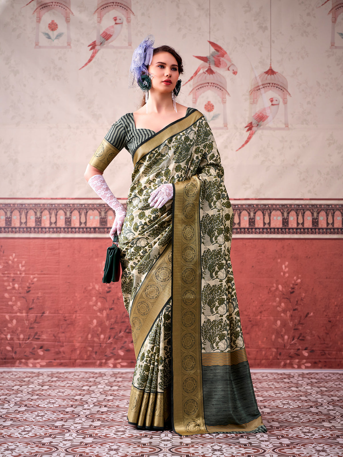 Mehendi Color Printed With Viscose Border Tasar Silk Saree