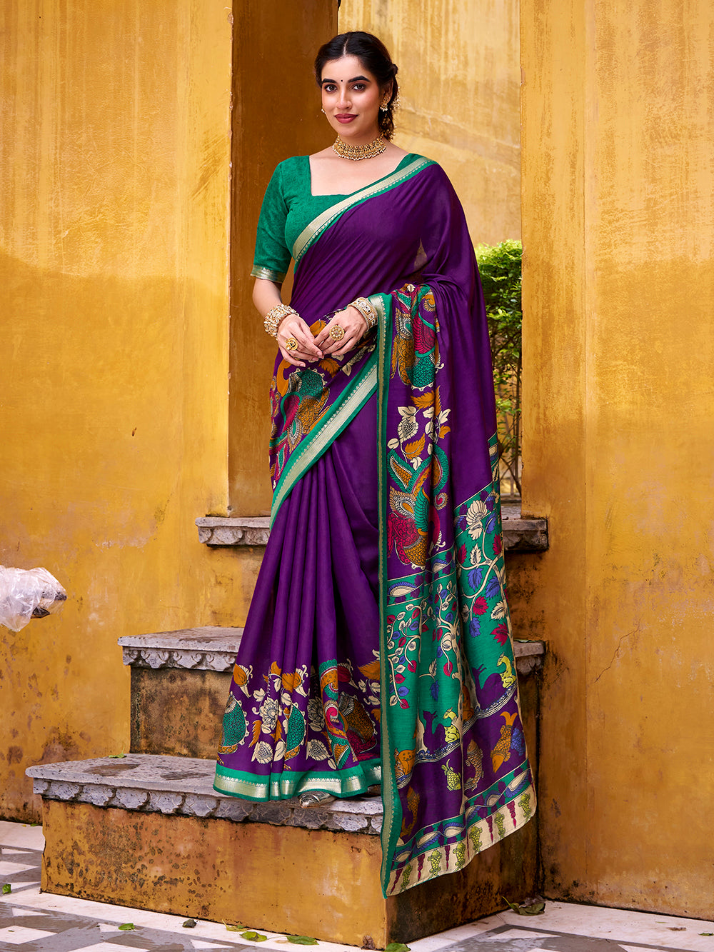 Purple Color Kalamkari Print With Zari Weaving Work Polyester Viscose Chanderi Saree
