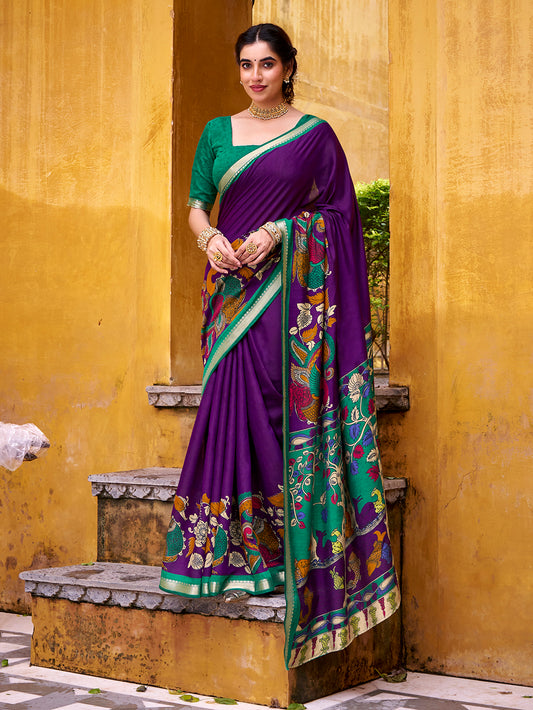 Purple Color Kalamkari Print With Zari Weaving Work Polyester Viscose Chanderi Saree