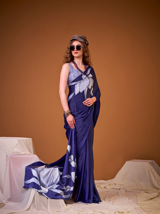 Navy Blue Color Floral Print Satin Silk Saree