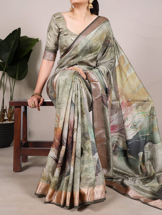 Mehandi Color Printed Tussar Silk With Viscose Border Saree