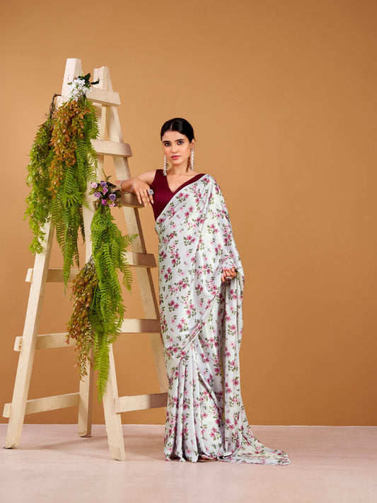 Silver Color Printed Satin Silk Saree