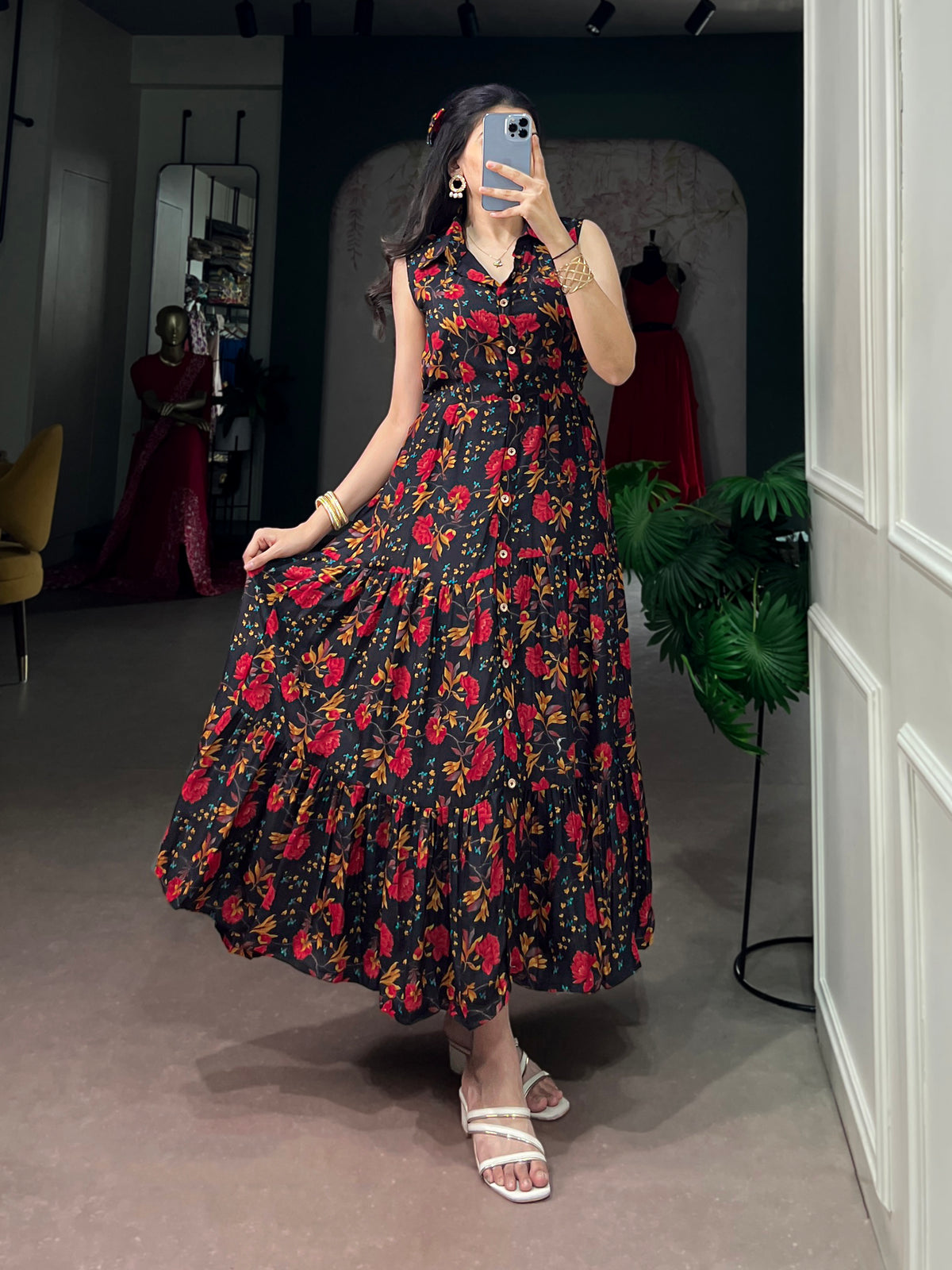 Floral Printed Maslin Silk Long Dress for Women