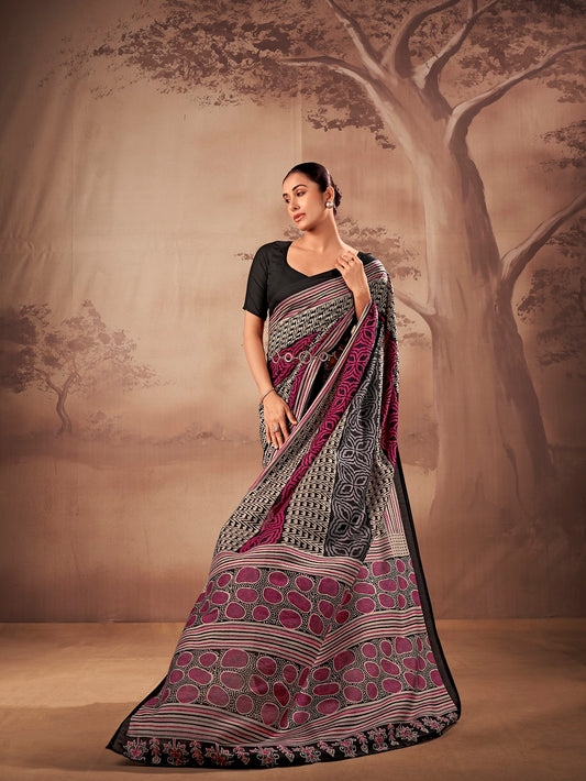 Poly Mal Cotton Printed Black Saree