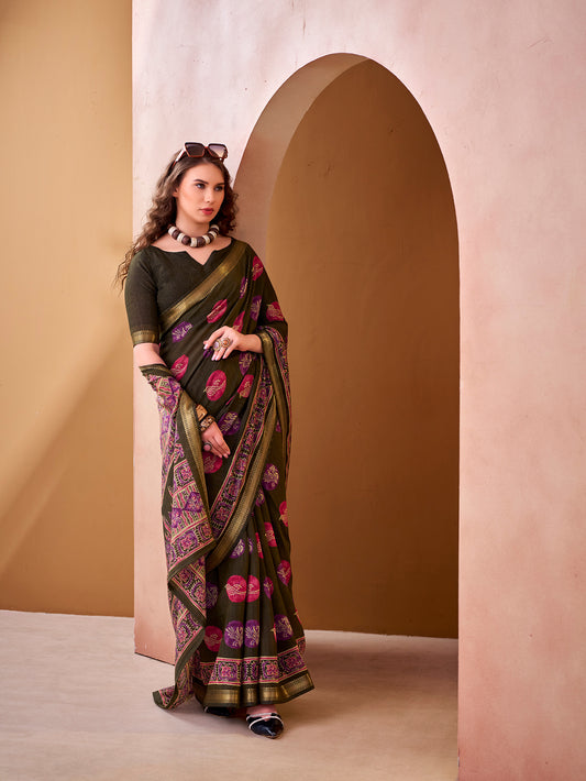 Mehandi Color Daily Wear Polyster Viscose Chanderi Saree