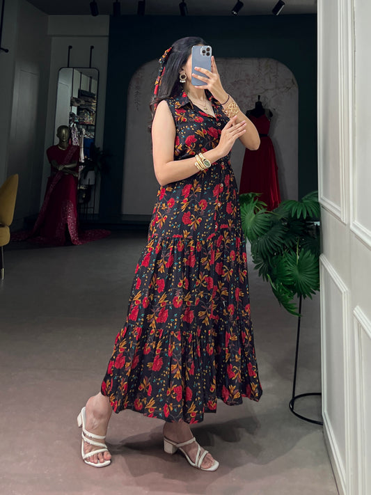 Floral Printed Maslin Silk Long Dress for Women