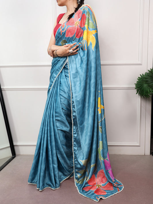 Stylish Satin Saree With Vibrant Floral Print