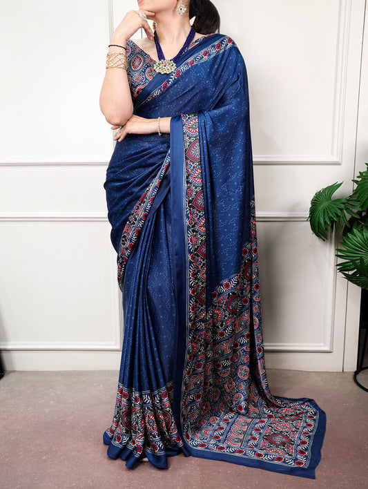 Woman Wear Satin Silk Ajrakh Saree