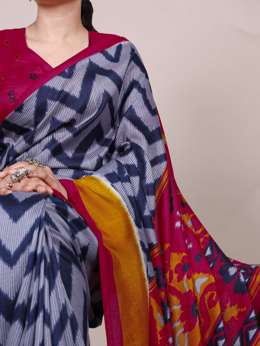 Blue Color Printed Tasar Silk Saree