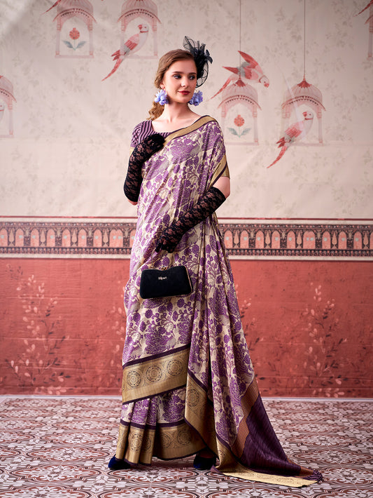 Lavender Color Printed With Viscose Border Tasar Silk Saree