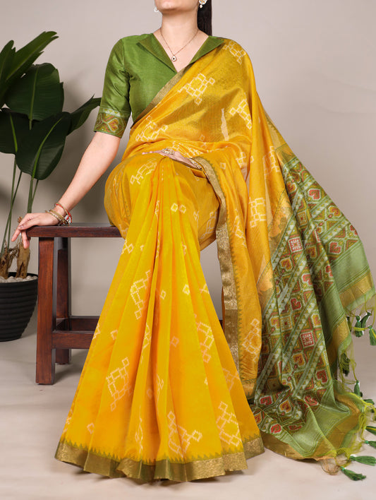 Yellow Color Printed With Zari Weaving Work Jacquard Silk Saree
