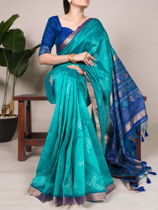 Teal Color Printed With Zari Weaving Work Jacquard Silk Saree