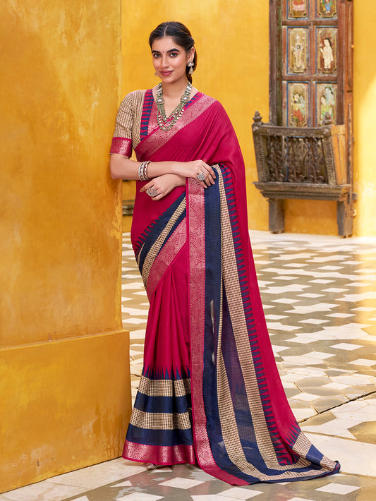 Pink Color Printed With Zari Weaving Work Poly Cotton Saree