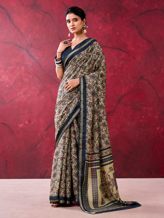 Black Color Printed With Zari Weaving Work Polyester Viscose Chanderi Saree