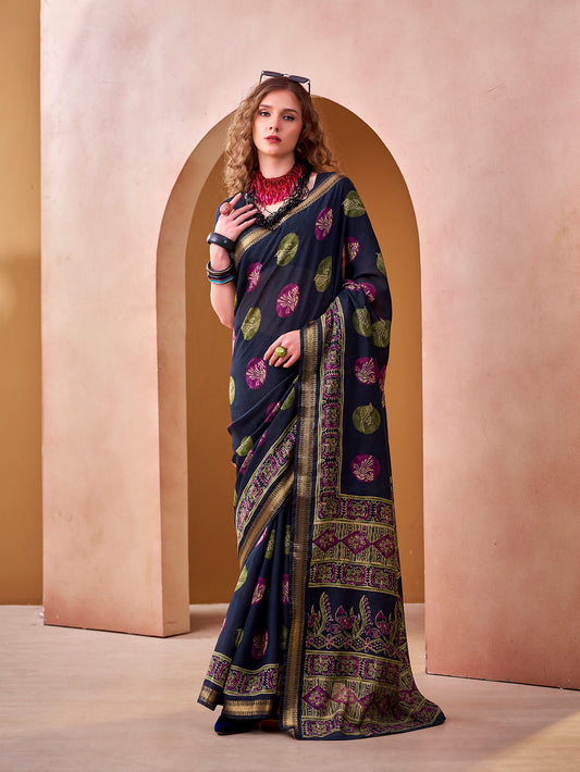 Navy Blue Color Indian Wear Printed Saree