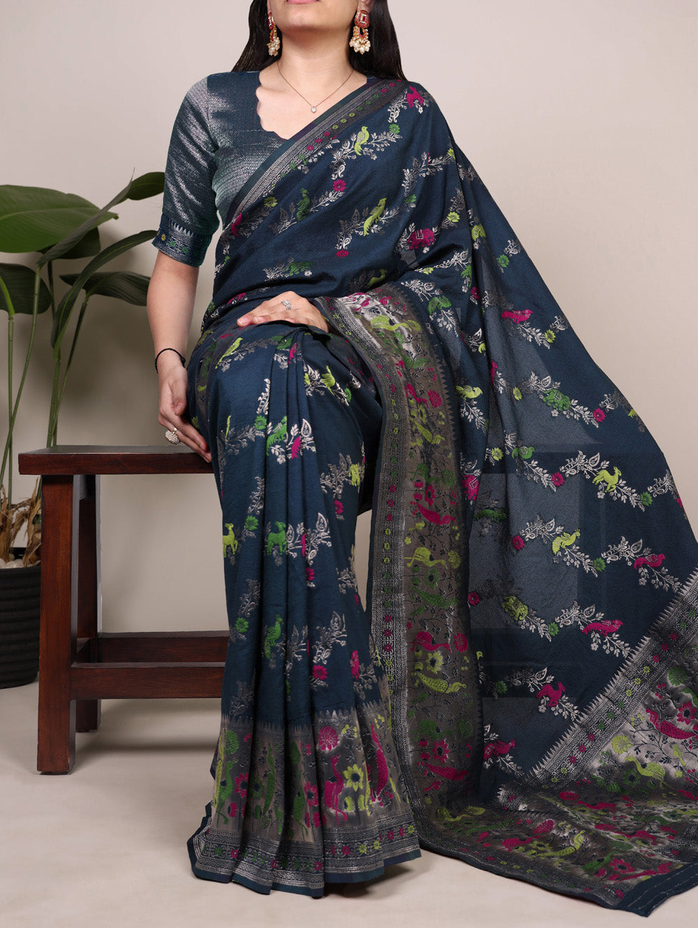 Prussian Blue Color Naylon Saree