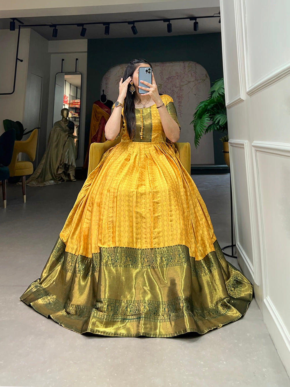 Mustard Color Self Design Aura Fabric Zari Weaving Work Dress