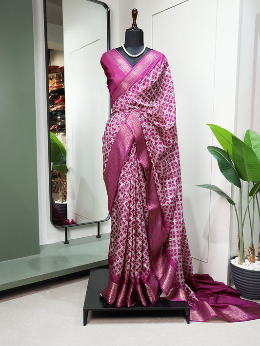 Purple Color Printed With Zari Border Dola Silk Saree