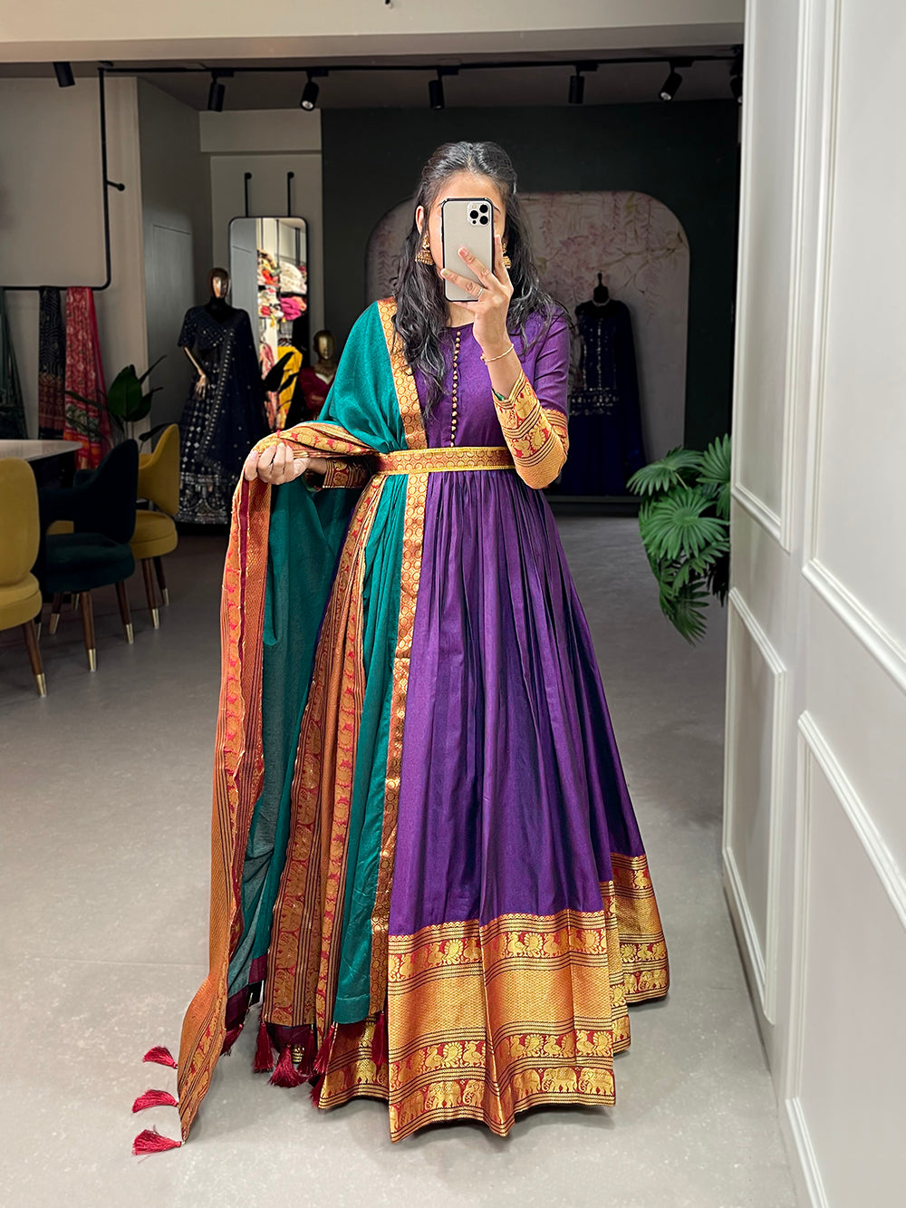 Purple Color Zari Weaving Work Narayan Pet (Cotton) South Dress
