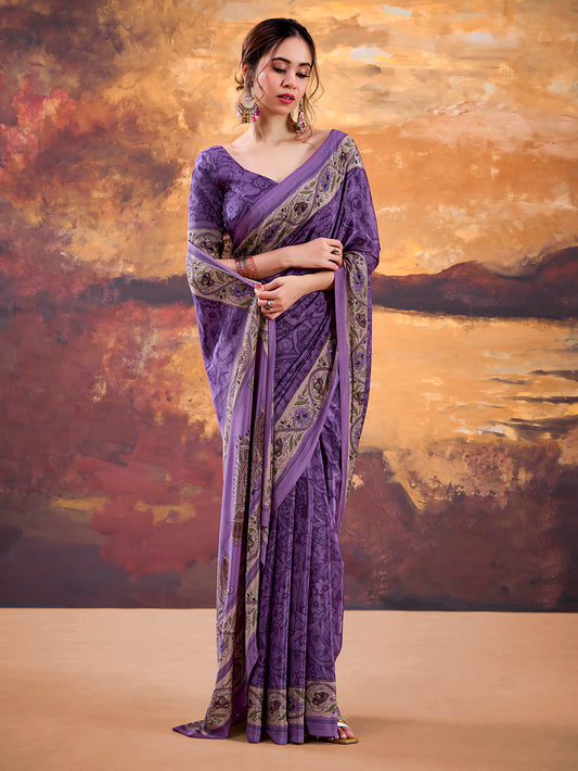 Purple Color Printed Crepe Saree