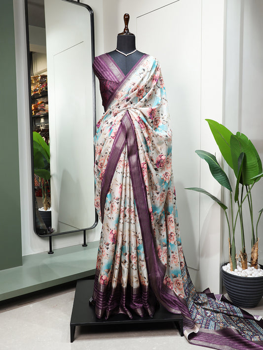Purple Color printed With Sequins And Zari Work Border Dola Silk Saree