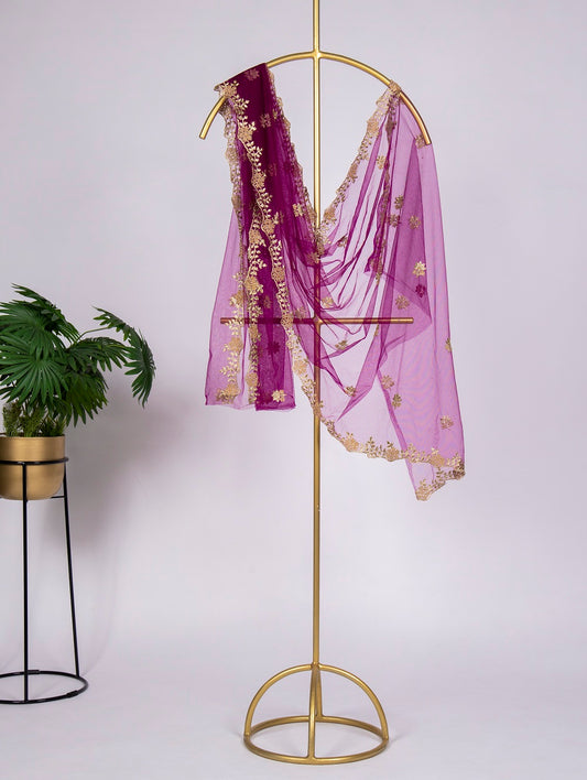 Purple Color Embroidery Cut Work and Stone Work Net Dupatta