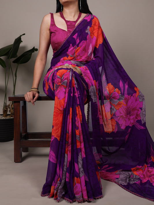 Purple Color Floral Print With Lace Border Weightless Marbel Saree