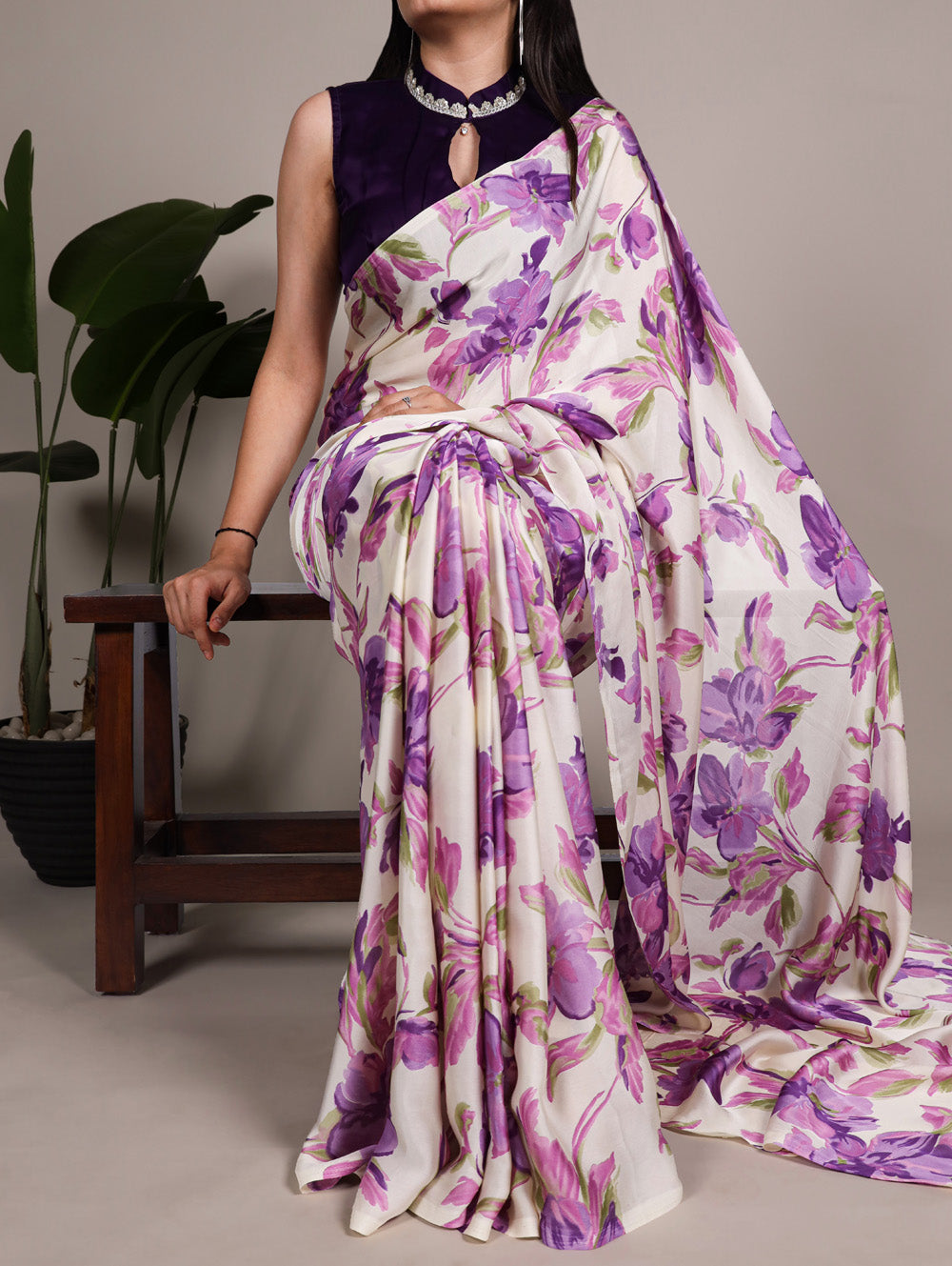 Purple Color Floral Printed Satin Silk Fancy Saree