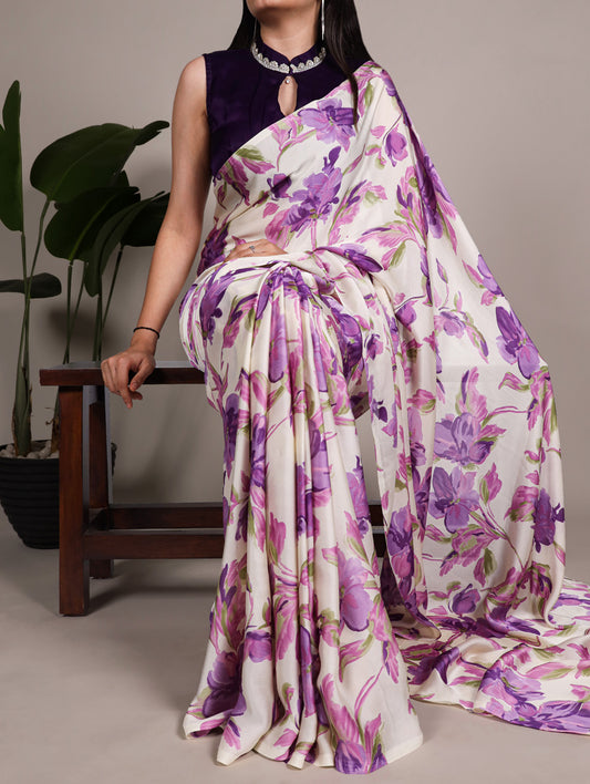 Purple Color Floral Printed Satin Silk Fancy Saree