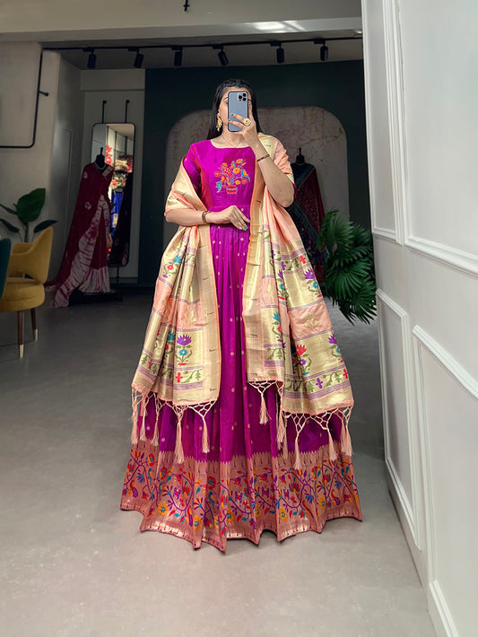 Purple Color Zari Weaving Work Jacquard Silk Dress