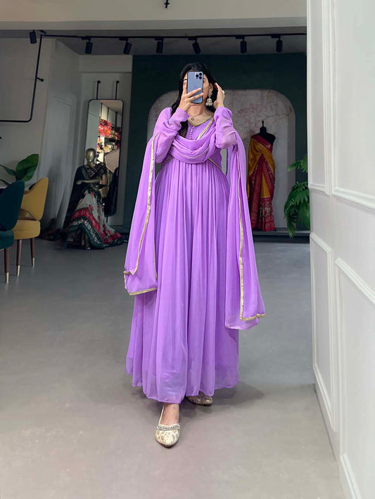 Purple Color Plain And Sequins Embroidery Lace Georgette Dress